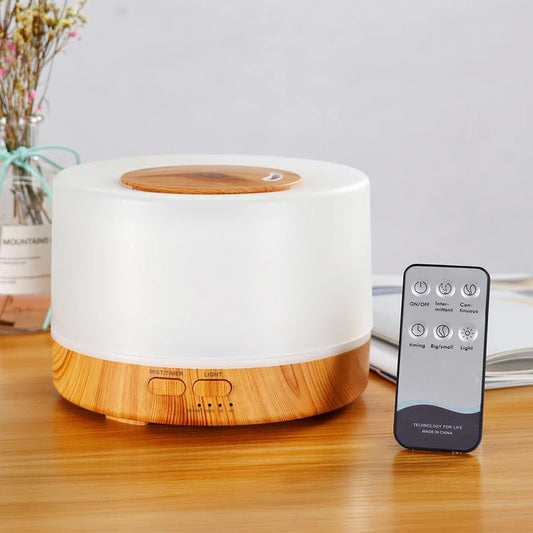 Humidificador ultrasónico, difusor de aroma, capacidad 500ml, Luz LED y control remoto