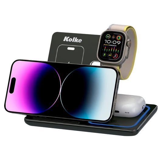 Cargador inalámbrico KOLKE 3 en 1 con carga rápida y luces indicadoras, para celular, auriculares y smartwatch